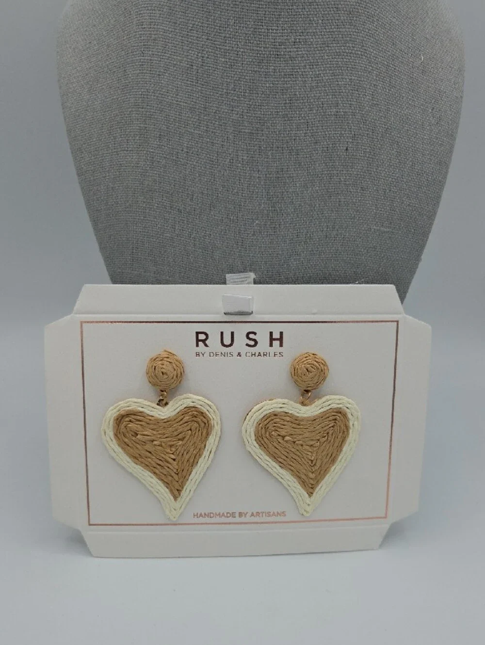 5 for $25! RUSH by Denis & Charles Heart Raffia Drop Earrings — Tan & Cream - Picture 2 of 5